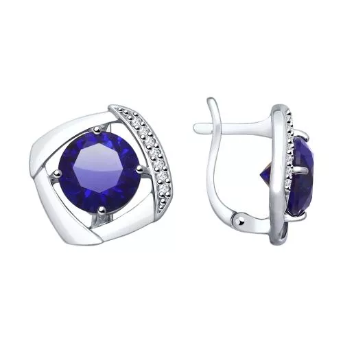 Серьги из серебра с синими корундами (синт.) и фианитами