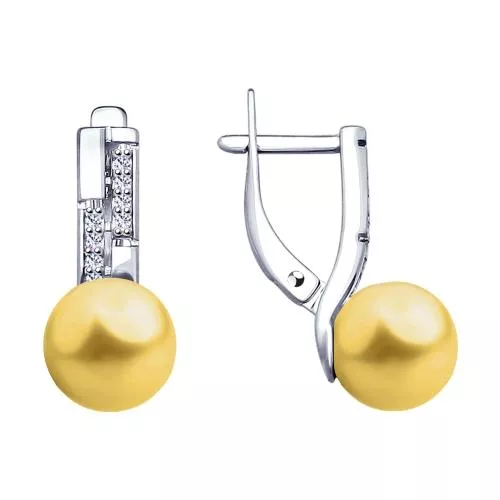 Серьги из серебра с жёлтыми жемчугом Swarovski и фианитами