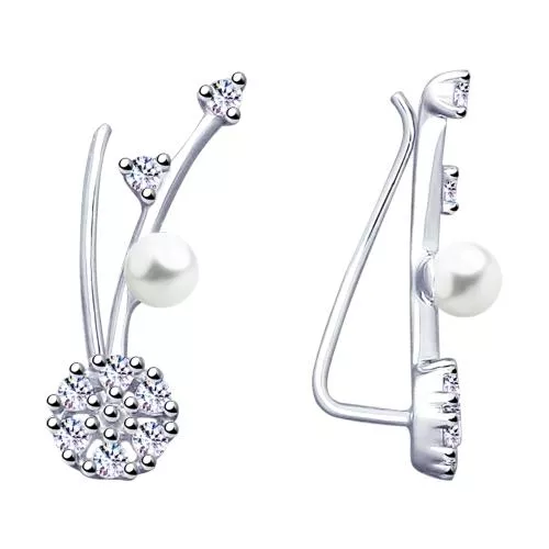 Серьги-зажимы из серебра с жемчугом и фианитами