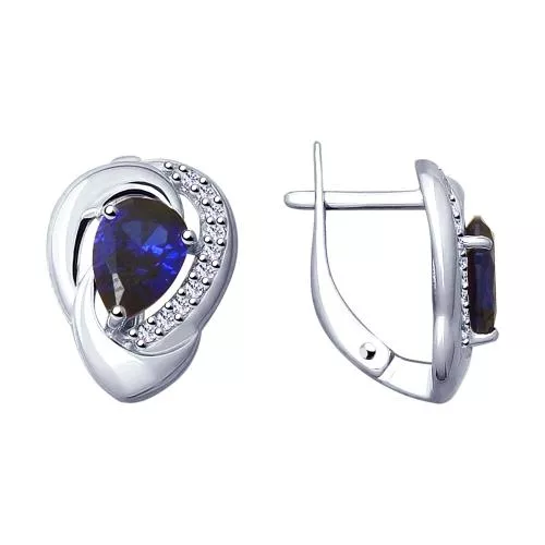 Серьги из серебра с синими корундами (синт.) и фианитами