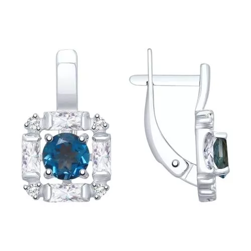 Серьги из серебра с синими топазами и фианитами