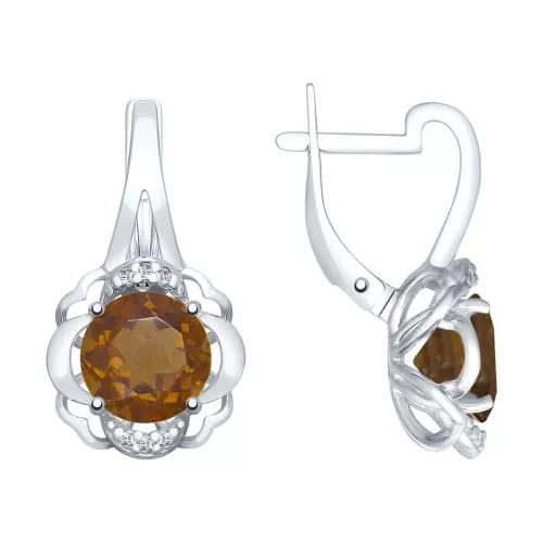 Серьги из серебра с раухтопазами и фианитами