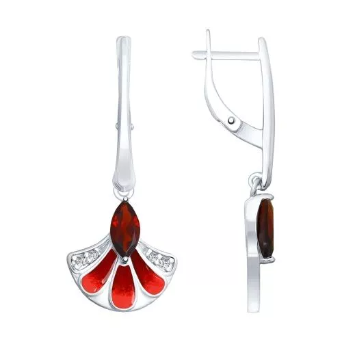 Серьги из серебра с эмалью и гранатами и фианитами