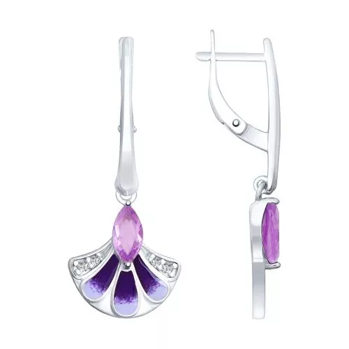 Серьги из серебра с эмалью и аметистами и фианитами