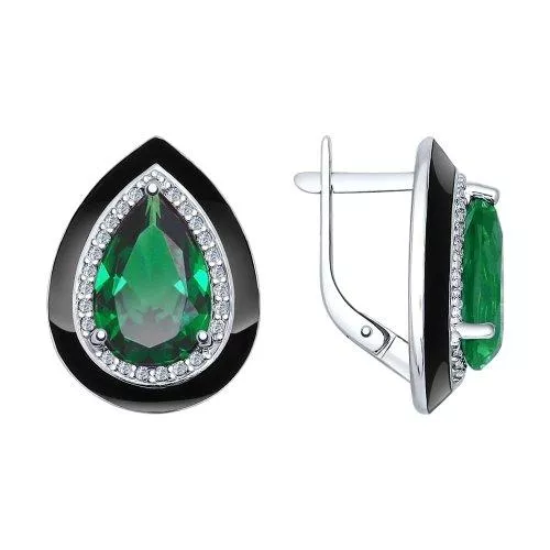 Серьги из серебра с эмалью с зелеными ситаллами и фианитами