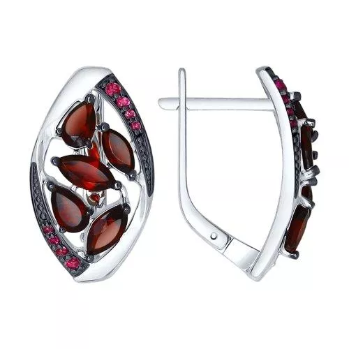 Серьги из серебра с гранатами и красными фианитами