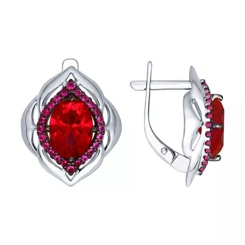 Серьги из серебра с корундами рубиновыми (синт.) и красными фианитами
