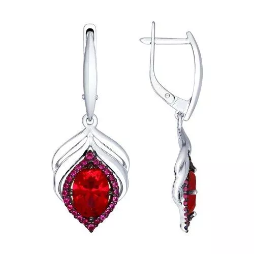 Серьги из серебра с корундами рубиновыми (синт.) и красными фианитами