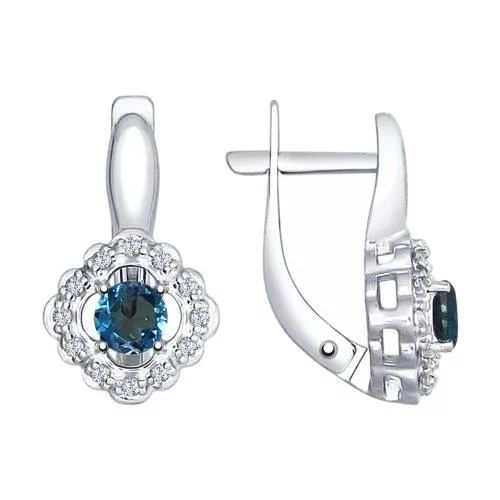 Серьги из серебра с синими топазами и фианитами