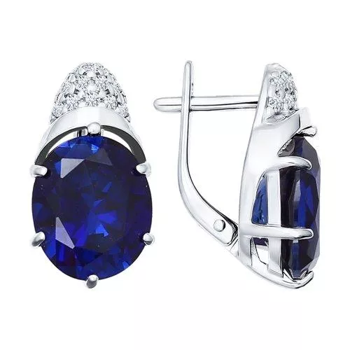 Серьги из серебра с корундами сапфировыми (синт.) и фианитами
