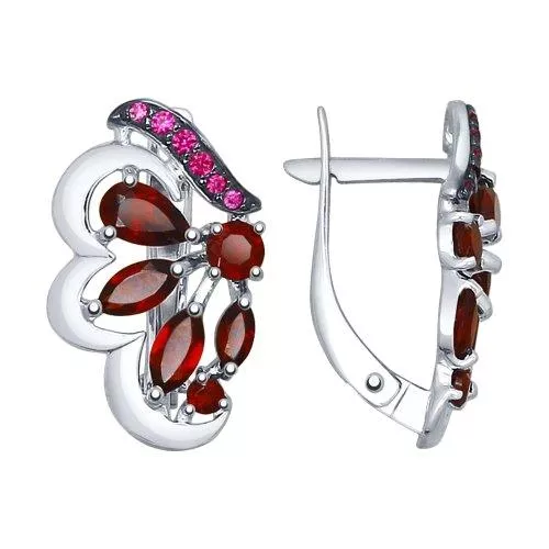 Серьги из серебра с гранатами и красными фианитами
