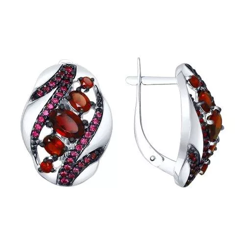 Серьги из серебра с гранатами и красными фианитами