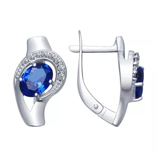 Серьги из серебра с бесцветными и синими фианитами