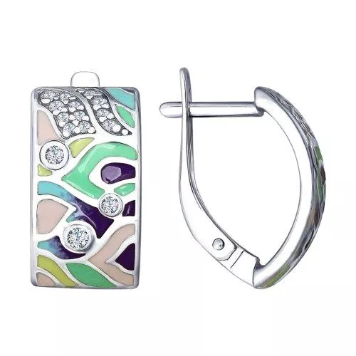 Серьги из серебра с эмалью с фианитами