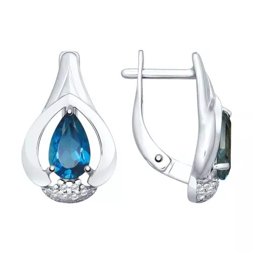 Серьги из серебра с синими топазами и фианитами