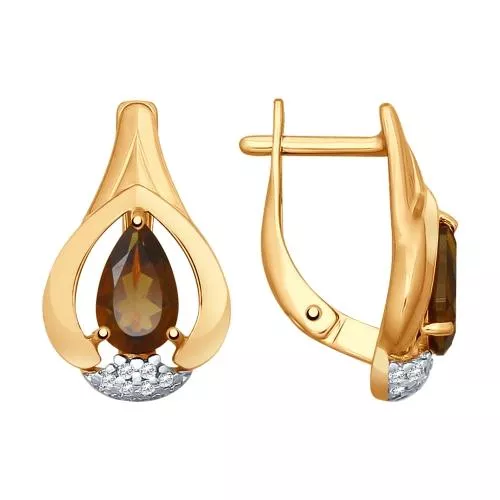 Серьги из золочёного серебра с раухтопазами и фианитами