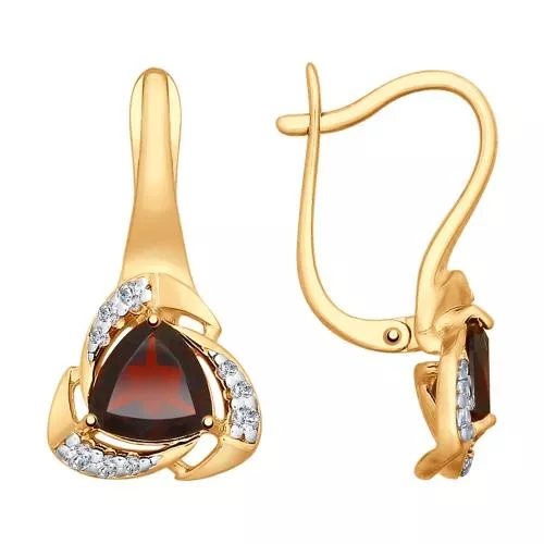 Серьги из золочёного серебра с гранатами и фианитами