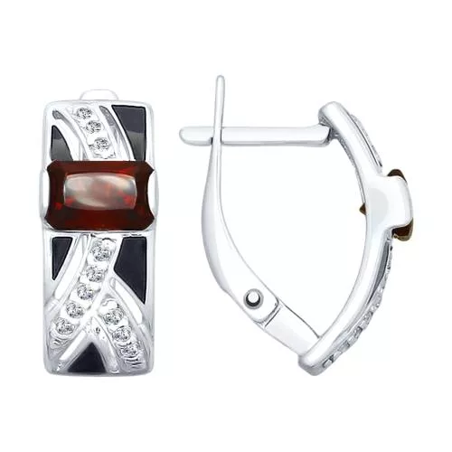 Серьги из серебра с эмалью и гранатами и фианитами