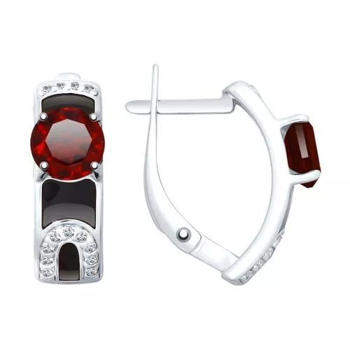 Серьги из серебра с эмалью и гранатами и фианитами