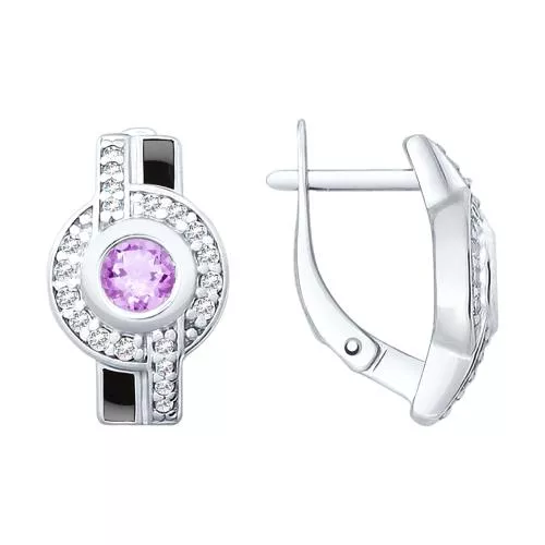 Серьги из серебра с эмалью и аметистами и фианитами