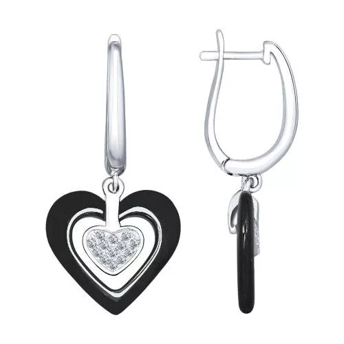 Серьги длинные из серебра с керамическими вставками и фианитами