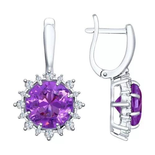 Серьги из серебра с сиреневыми ситаллами и фианитами
