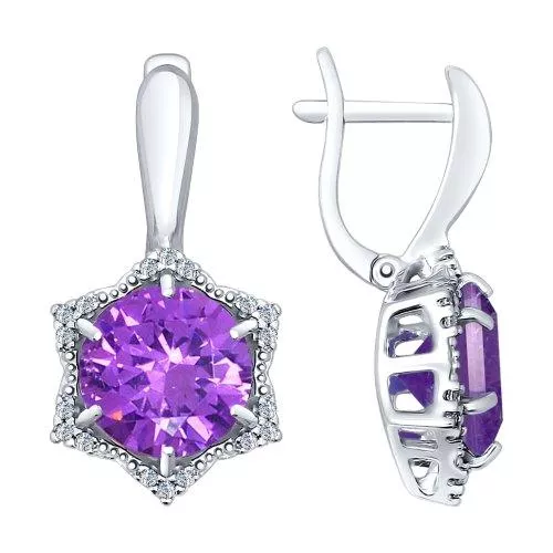 Серьги из серебра с сиреневыми ситаллами и фианитами