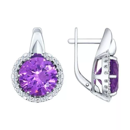 Серьги из серебра с сиреневыми ситаллами и фианитами