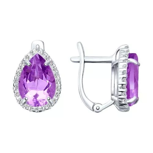 Серьги из серебра с сиреневыми ситаллами и фианитами