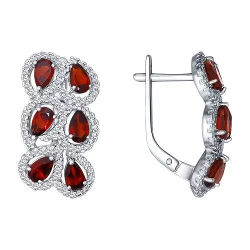 Серьги из серебра с гранатами и фианитами
