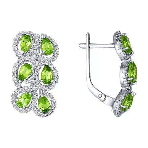 Серьги из серебра с фианитами и хризолитами