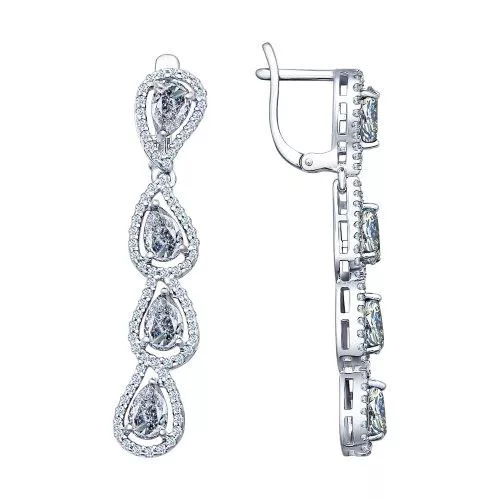 Серьги длинные из серебра с фианитами