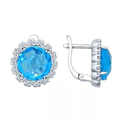Серьги из серебра с голубыми стеклянными вставками и фианитами