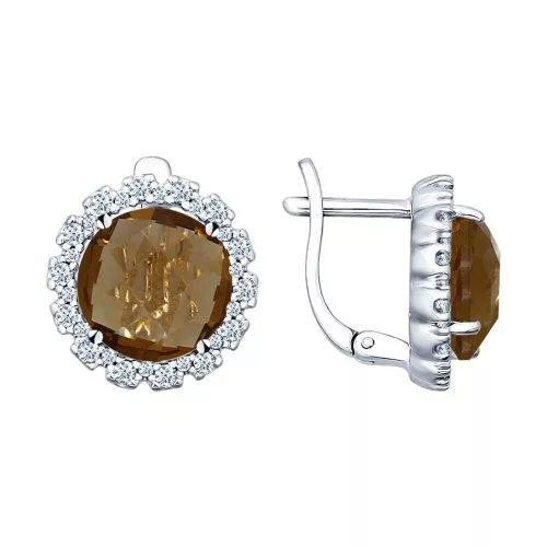 Серьги из серебра с коричневыми стеклянными вставками и фианитами