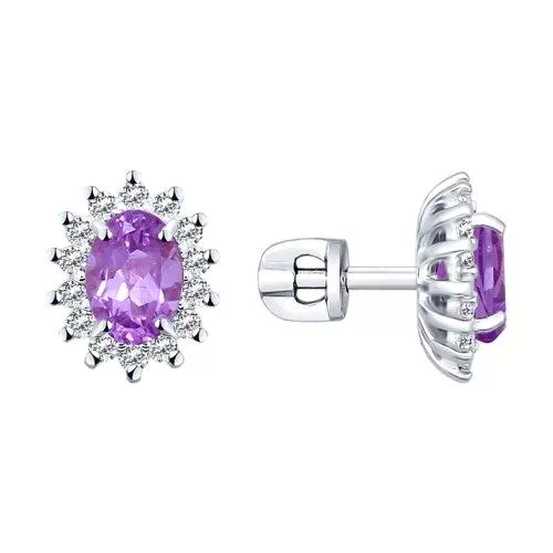 Серьги-пусеты из серебра с аметистами и фианитами