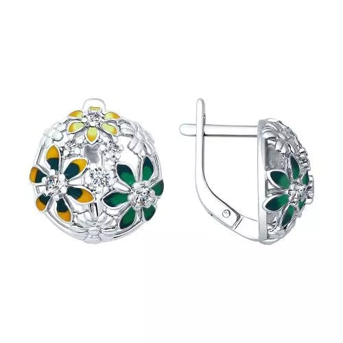 Серебряные серьги с цветами из разноцветной эмали