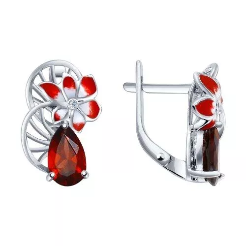 Серьги из серебра с эмалью с гранатами и фианитами
