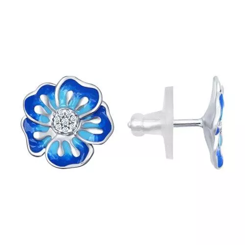 Серьги-пусеты из серебра с эмалью с фианитами