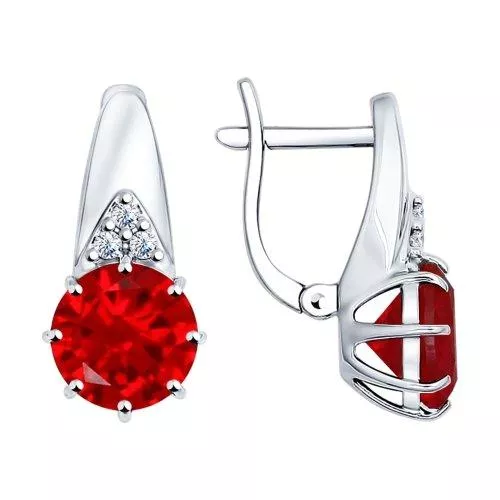Серьги из серебра с корундами рубиновыми (синт.) и фианитами