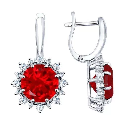 Серьги из серебра с корундами рубиновыми (синт.) и фианитами