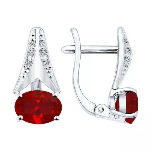 Серьги из серебра с корундами рубиновыми (синт.) и фианитами