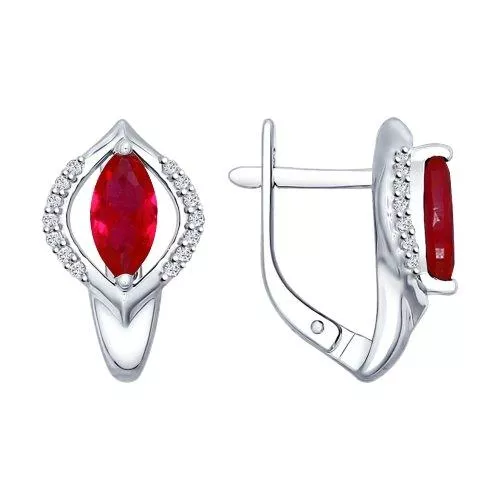 Серьги из серебра с корундами рубиновыми (синт.) и фианитами