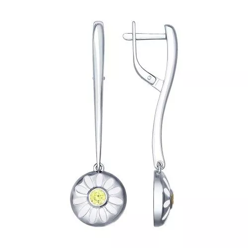 Серьги из серебра с эмалью с фианитами «Ромашки»