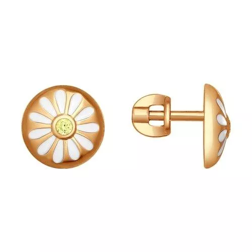 Серьги-пусеты из золочёного серебра с эмалью с фианитами «Ромашки»