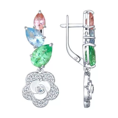 Серьги из серебра с голубыми, розовыми, зелеными ситаллами и фианитами