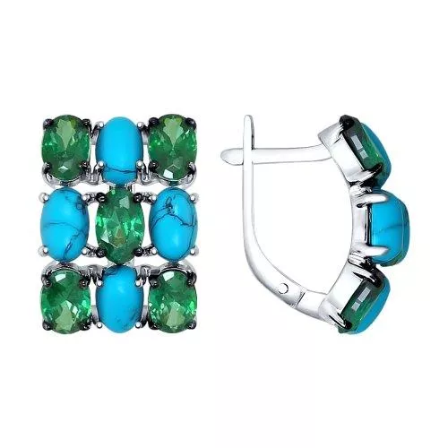 Серьги из серебра с бирюзой (синт.) и зелёными фианитами