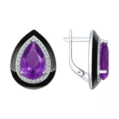 Серьги из серебра с эмалью с сиреневыми ситаллами и фианитами