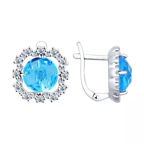 Серьги из серебра с голубыми стеклянными вставками и фианитами