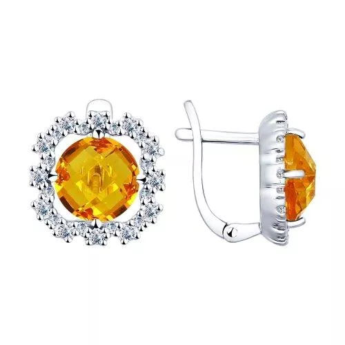 Серьги из серебра с жёлтыми стеклянными вставками и фианитами