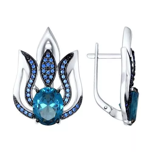 Серьги из серебра с синими ситаллами и фианитами